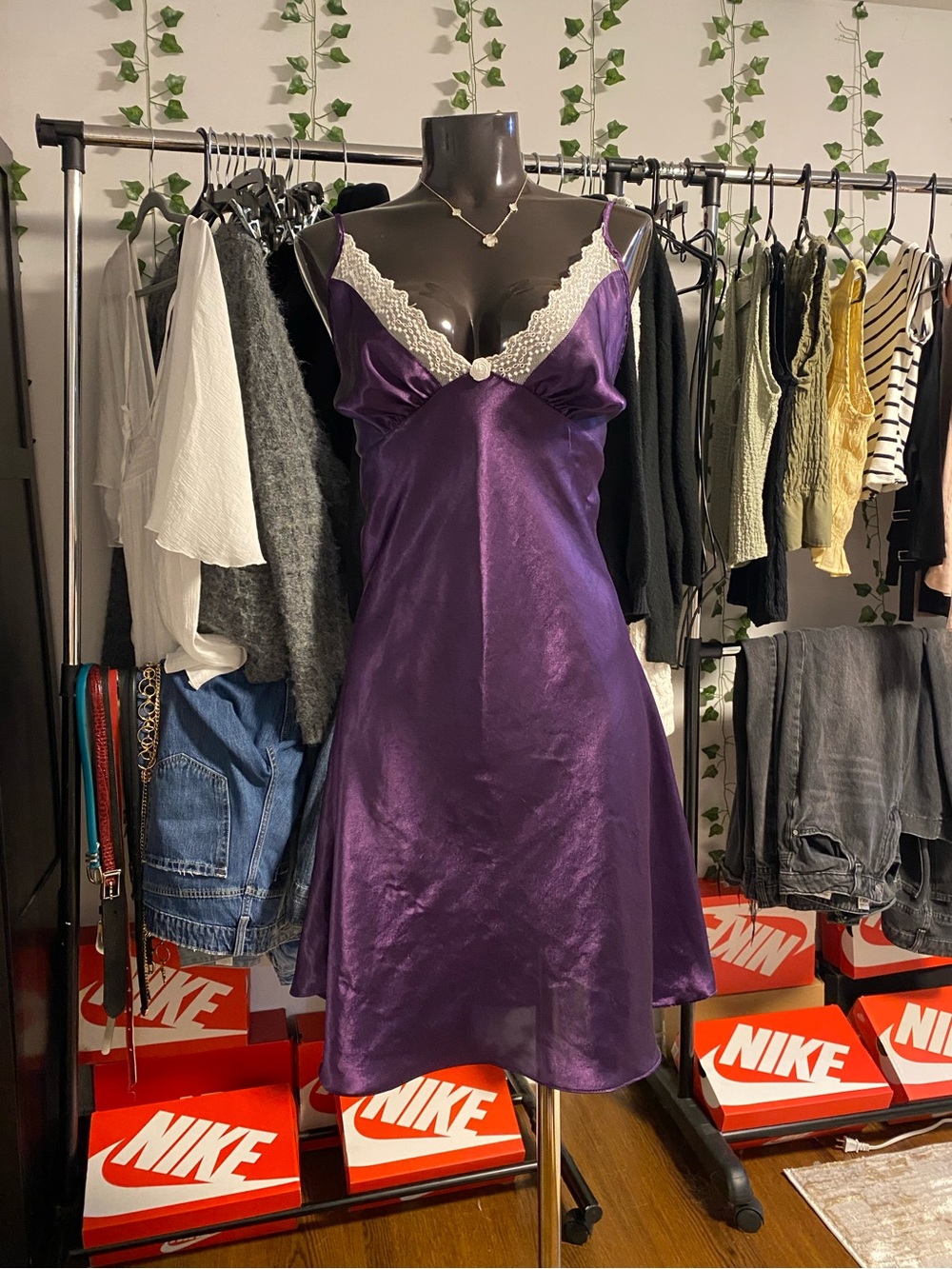 Purple Satin Lace Trim Slip Dress - Women Intimates & Sleepwear